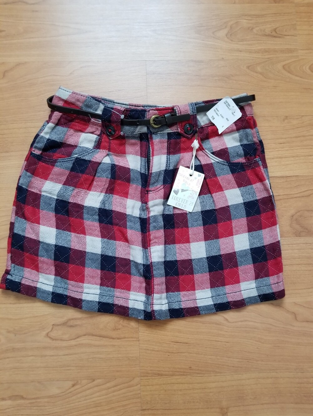 Forever 21 Red, Navy & White Plaid Mini Skirt with Belt